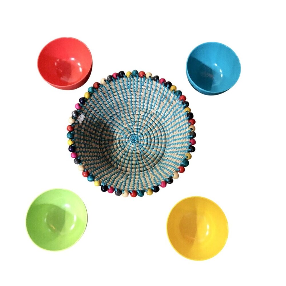Colorful Woven Chips & Salsa Basket Set w/ Novogratz Melamine Bowls Used - Picture 15 of 16